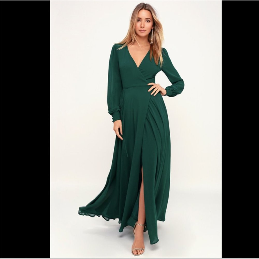 Lulus Emerald Green Long Sleeve Wrap Dress